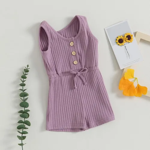 Vista 60 de Traje de verano para niña pequeña, de manga corta, acanalado, overol liso, pantalones cortos, ropa para recién nacidos