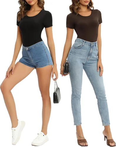 Vista 6 de MANGOPOP Women's Double Layered Short Sleeve Long Sleeve Bodysuit Basic T Shirts Tops