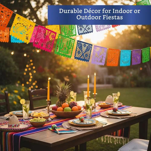 Vista 7 de Pancartas de fiesta mexicana (paquete de 5 con 10 banderas de plástico por bandera), papel picado mexicano para fiesta, papel picado de plástico