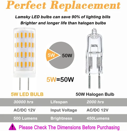 Vista 4 de Bombilla LED GY6.35 equivalente a 50 W halógena, CA/CC 12 V blanco cálido 2700 K, GY6.35 base bi-pin tipo JC bombilla para lámpara colgante, luz