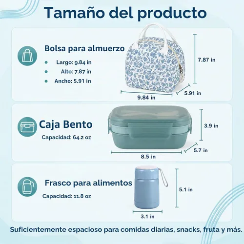 Vista 3 de Juego de lonchera Bento para mujer, con termo de sopa de 12 onzas, con recipientes de alimentos a prueba de fugas, bolsa de almuerzo aislada