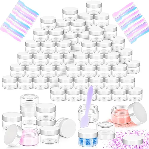 Vista 18 de Paquete de 50 de 10 g pequeños contenedores de cosméticos de plástico con tapas, frascos de maquillaje de 10 gramos de color ámbar con espátulas