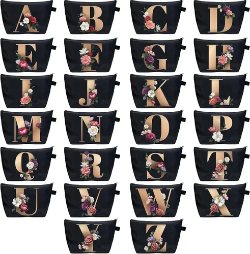 Vista 7 de CTNUOBEE Bolsa de comestic con letras del alfabeto dorado con bolsa de maquillaje de flores, bolsa de viaje portátil con cremallera, bolsa de aseo