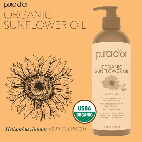 Vista 4 de PURA D'OR 16 Oz Aceite de semilla de girasol orgánico - 100% puro y natural Aceite portador prensado en frío certificado por USDA para belleza DIY