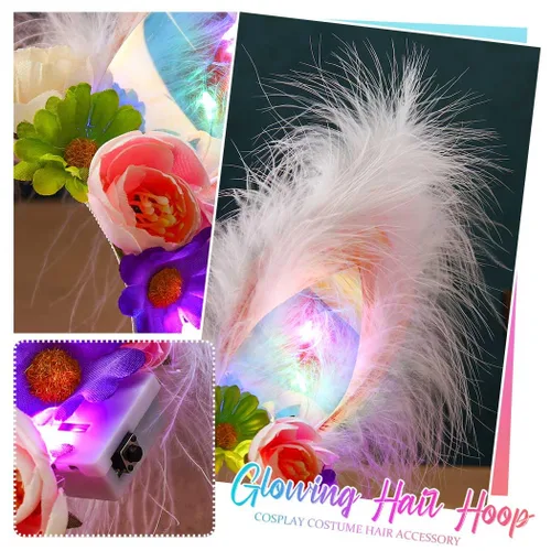 Vista 4 de Yean Diadema con orejas de conejo iluminadas, diadema de hada, diseño floral de bosque, orejas de conejo, disfraz de plumas, tocado de fiesta