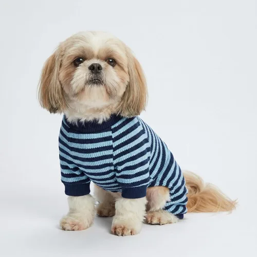 Vista 3 de Fitwarm Pijamas para Perro a Rayas Azules y Blancas, Ropa para Perros Pequeños Hembra y Macho, Mameluco para Cachorro con Pies, Atuendo para Gato