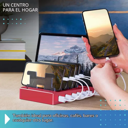 Vista 5 de Estación de carga para múltiples dispositivos – Base de carga USB de 6 puertos para Apple y Android – Organizador de carga múltiple rápida