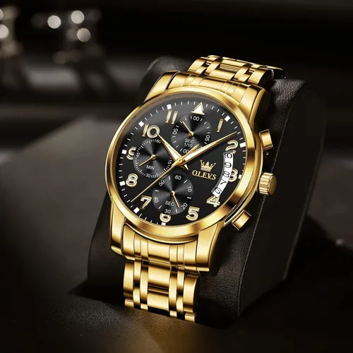 Vista 6 de OLEVS Reloj cronógrafo para hombre reloj de acero inoxidable plateado y dorado reloj de cuarzo multifunción con fecha relojes impermeables
