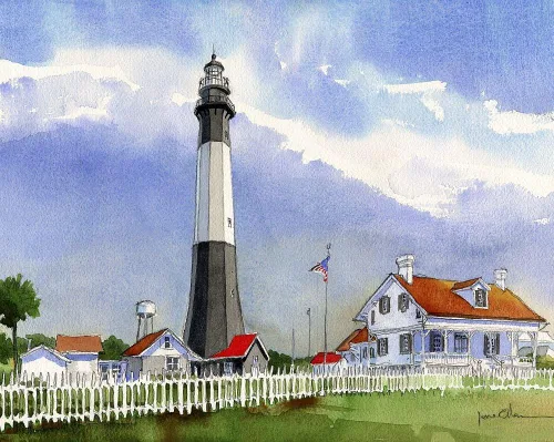 Vista 2 de Faro de Tybee Island, Georgia. Paisaje de James Mann. Impresiones artísticas en acuarela mate (5 x 7)