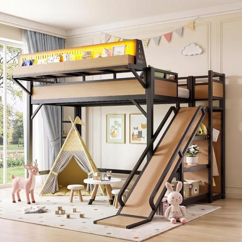 Vista 10 de Twin XL Metal Loft Bed with Slide, Black Negro