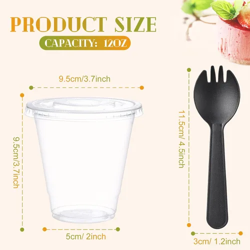 Vista 3 de Paquete de 200 Vasos de Plástico Transparente de 12 oz para Postre Yogur Parfait Pudín de Plátano Tazas Desechables PET con 200 Piezas Cucharas