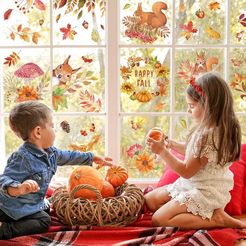 Vista 5 de AnyDesign 6 hojas de calcomanías de otoño para ventana, hojas de otoño, ardilla, calcomanías de ventana de doble cara extraíbles para ventana