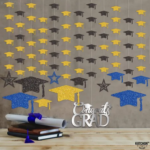 Vista 6 de KatchOn, Guirnalda de gorra de graduación con purpurina, 12 cuerdas, sin bricolaje, decoraciones de graduación azules y doradas 2025, decoraciones