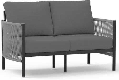 Vista 14 de Sofá de dos plazas de aluminio para patio exterior, sofá de patio de cuerda HDPE con cojín grueso lavable, muebles de patio para todo tipo de clima