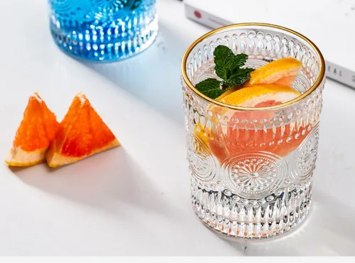 Vista 6 de Juego de 2 vasos vintage de 10 onzas para beber de cristal transparente, bonitas tazas de vidrio con girasol en relieve para café helado, té, jugo