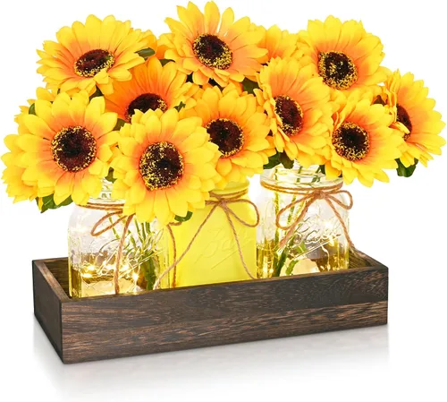 Vista 11 de BLEUM CADE Decoración de mesa de centro de mesa, 3 piezas de flores artificiales de hortensias en frascos Mason con bandeja de madera para mesa