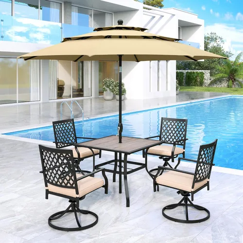 Vista 18 de MFSTUDIO Juego de mesa de comedor para patio al aire libre con paraguas, 4 sillas giratorias y 1 x 37 cuadrado Bistro forjado Iorn Slat mesa grande