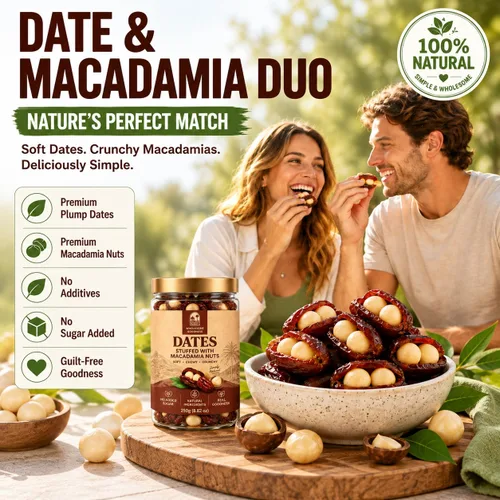 Vista 6 de Dátiles premium rellenos de nueces de macadamia, dátiles masticables suaves en caja con nueces de macadamia crujientes, sin azúcar añadido