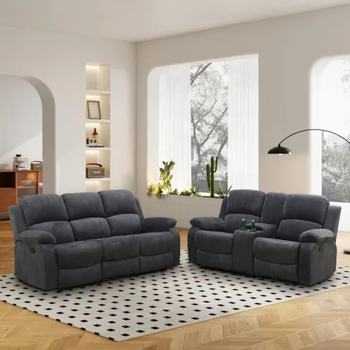 Vista 20 de Juego de muebles de sala de estar, juego de sofá reclinable de cuero, sofá reclinable y sofá biplaza, juego de sofá de cuero beige, juego de muebles