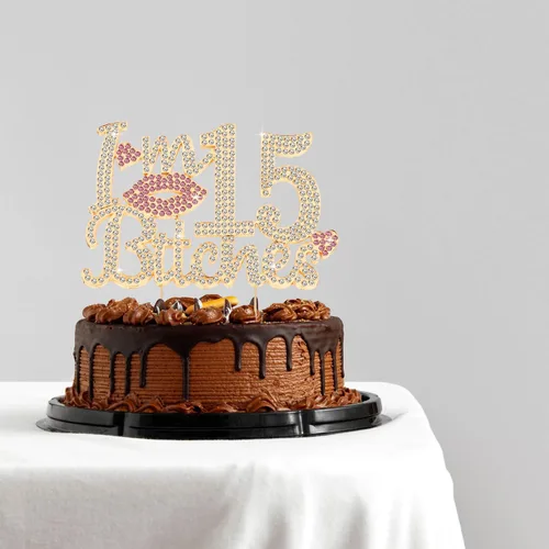 Vista 7 de ¡Soy el topper de pastel de cumpleaños número 15 divertido en oro y rosa con strass - ¡Feliz cumpleaños número 15, saludos a los quince años!