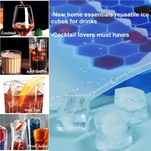 Vista 6 de Bandejas de cubitos de hielo para congelador con tapa-37 cuadrícula de silicona para moldes pequeños de cubitos de hielo, fácil de liberar y Azul