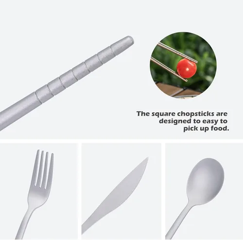 Vista 8 de Boundless Voyage Juego de cubiertos de titanio portátil para acampar, palillos, cuchillo, tenedor, cuchara, juego para viajes en casa