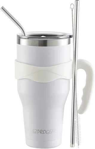 Vista 9 de Ezprogear – Vaso con aislamiento al vacío de doble pared de acero inoxidable, con pajilla y asa Doble pared, acero inoxidable, taza