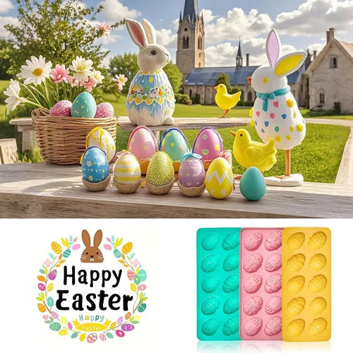 Vista 7 de Moldes de gelatina de huevo de Pascua, paquete de 3 moldes de chocolate con forma de conejo, molde de silicona para golosinas de chocolate, dulces