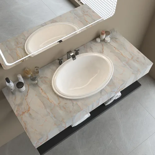 Vista 3 de 3yecao Papel tapiz de mármol azul dorado grueso de 16"×118", despegar y pegar, papel de contacto de mármol brillante para salpicaderos, encimeras