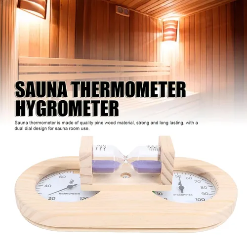Vista 4 de Wooden Sauna Thermometer Hygrometer, Dual Dial Design with Sand Timer Function for Home and Commercial Sauna Rooms
