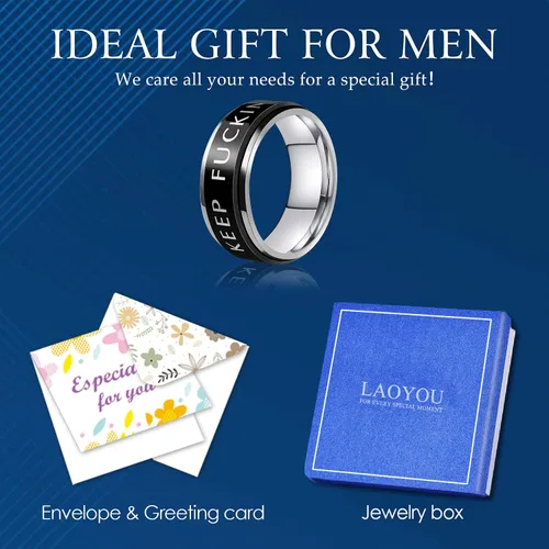 Vista 45 de LAOYOU Anillo giratorio para hombre para alivio de la ansiedad 0.315 in de acero inoxidable negro anillo de ansiedad con incrustaciones de cadena