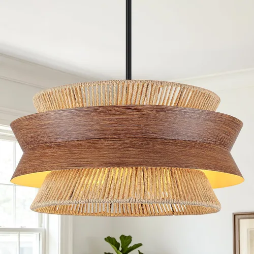 Vista 9 de Lámpara de araña de ratán tejida a mano de 19.7 pulgadas para comedor, lámpara bohemia de granja de 4 luces con textura de madera, lámpara colgante