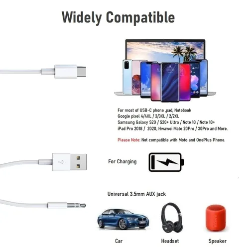Vista 5 de Cable USB C a conector auxiliar de audio de 0.138 in con cable de carga Compatible con iPhone 17/16/15/Samsung Galaxy S20/S20, puerto tipo C