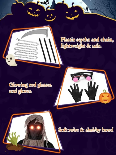 Vista 2 de Disfraz de parca sombría para niños con ojos rojos brillantes, Halloween, cosplay, guadaña de la muerte, accesorios para disfraz de miedo, vestido