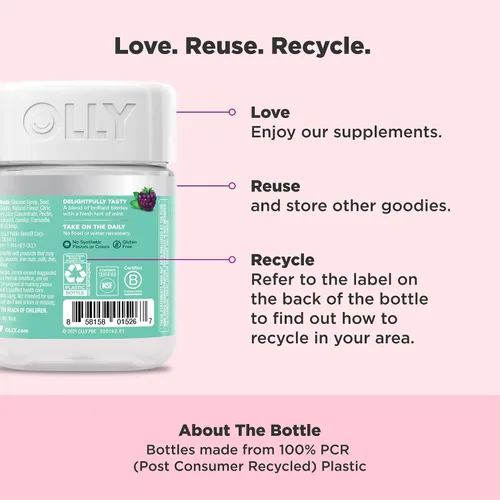 Vista 4 de OLLY Gomita de tez impecable, soporte para una piel clara y saludable, vitaminas E, A, zinc, suplemento masticable, sabor bayas, 50 piezas