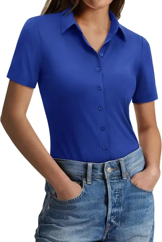 Vista 8 de Gleeivy Camisas con botones para mujer, ajustadas, de manga corta, elásticas, para el trabajo, sin arrugas, blusas de oficina