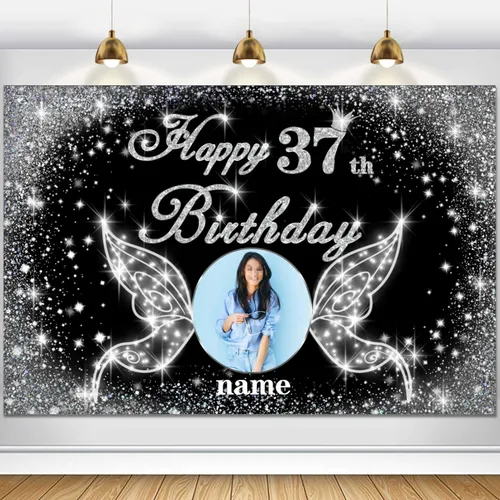 Vista 75 de Cartel personalizado de decoración de fiesta de cumpleaños número 100 - tema de alas de ángel - negro y plateado HY-NLK-100º