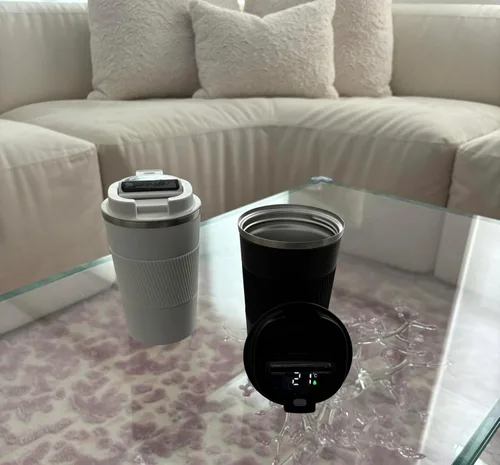 Vista 4 de Taza de café de 12 onzas con identificador de temperatura de acero inoxidable doble pared taza termica para bebidas frías calientes tapa a prueba