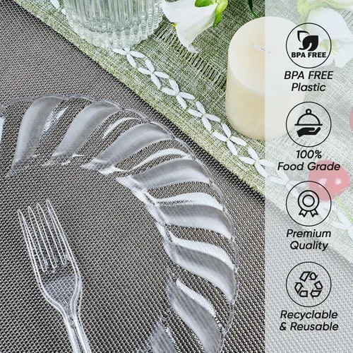 Vista 8 de FOCUSLINE 100 unidades de platos de plástico transparente de 6 pulgadas, platos desechables de plástico duro premium para ensalada y postre - Platos