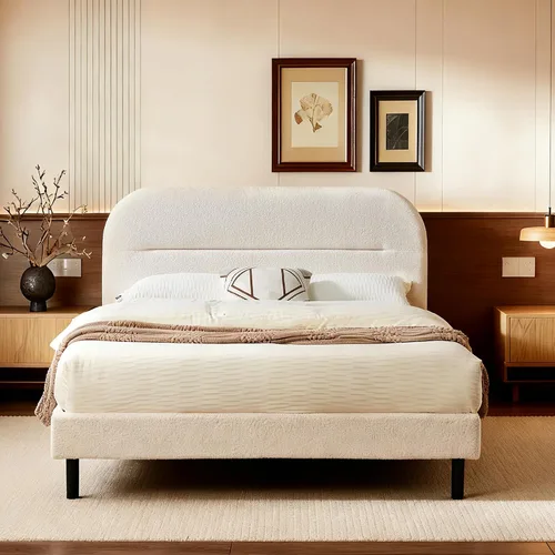 Vista 7 de Furnify Marco de cama tamaño individual, marco de cama tapizado de tela suave con cabecera ajustable, marco de cama de plataforma con esquinas Beige