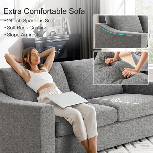 Vista 3 de ELUCHANG Sofá moderno de 85 pulgadas para sala de estar, sofá de lino natural de 3 plazas con asientos extra profundos, cojín tapizado y funda