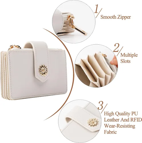Vista 3 de Billetera pequeña para mujer RFID para mujer, carteras para tarjetas para mujer, delgada, cartera para tarjetas de crédito para mujer, beige-2