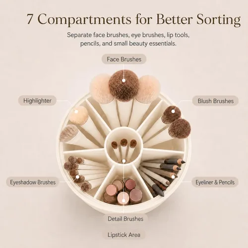 Vista 5 de EACHY Soporte para brochas de maquillaje giratorio de 360° con tapa a prueba de polvo, material impermeable, 7 compartimentos para almacenamiento