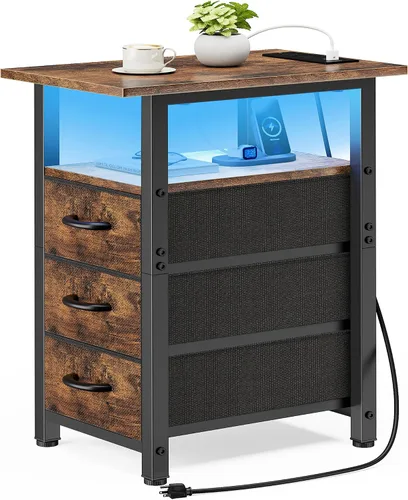 Vista 19 de Vagusicc Mesita de noche negra con estación de carga y luces LED, mesa auxiliar estrecha, mesita de noche LED con 3 cajones de tela para dormitorio