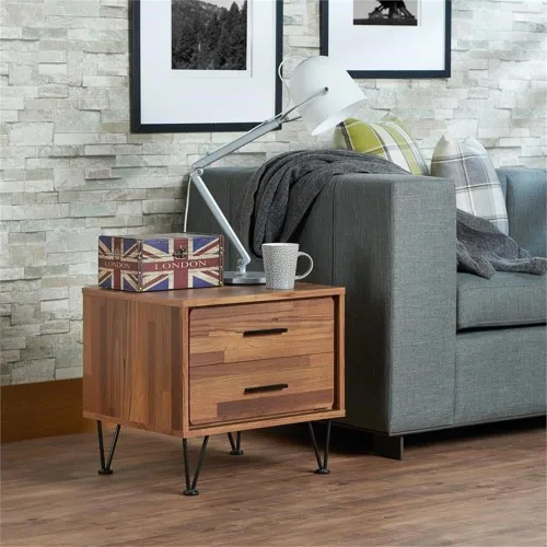 Vista 4 de Acme Deoss Mesita de noche rectangular de madera con 2 cajones con patas en forma de V en nogal