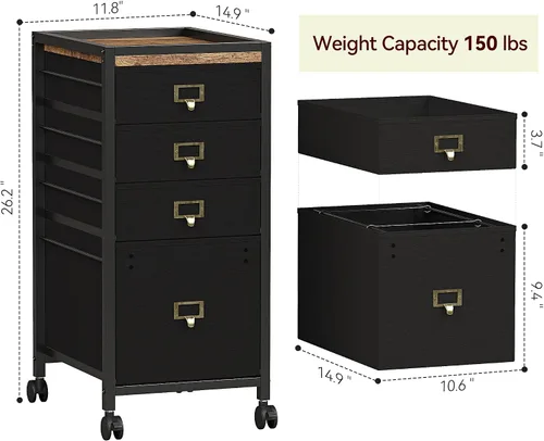 Vista 2 de Amyove Archivador de 4 cajones, archivador negro para impresora móvil compatible con tamaño A4 o carta, archivador vertical de tela con ruedas, mesa
