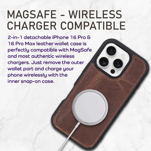 Vista 64 de Bayelon Funda tipo cartera para iPhone 15 Pro, cartera de cuero de grano completo, funda magnética desmontable, tarjetero, funda tipo cartera