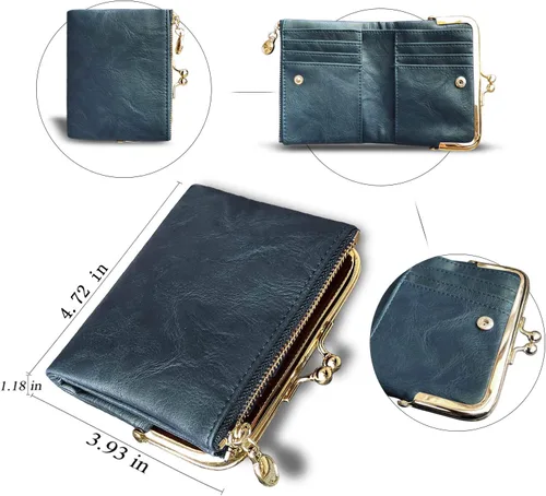 Vista 5 de PofeeXIO Billetera para Mujer RFID Pequeña Compacta Bifold de Cuero Vintage, Monedero para Damas con Cremallera y Cierre de Beso