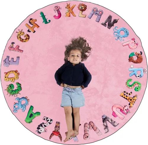 Vista 11 de ABC - Alfombra del alfabeto para niños, alfombra de juego redonda azul de 6 pies para niños pequeños y bebés, decoración suave para el cuarto