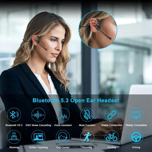 Vista 2 de iDIGMALL Auriculares Bluetooth 5.3 con micrófono, auriculares de oreja abierta con micrófono de cancelación de ruido para teléfono, PC, computadora